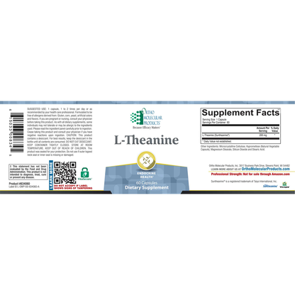 Supplement label for L-Theanine capsules with supplement facts and branding.