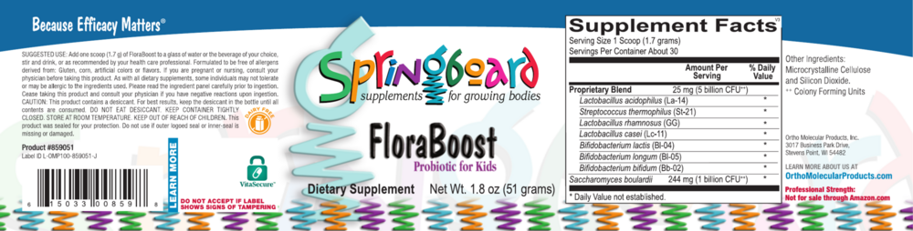 Supplement label for Springboard FloraBoost Probiotic for Kids, showing branding and nutritional information.
