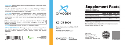 Supplement label for Xymogen K2-D3 5000 dietary supplement with ingredient list and branding.