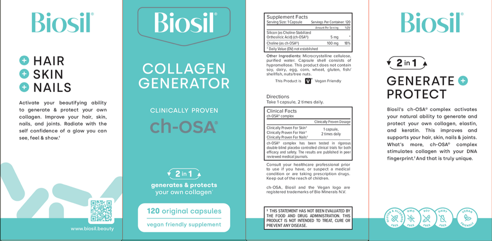 Biosil supplement packaging for hair, skin, and nails with collagen generator and ch-OSA on a white background.