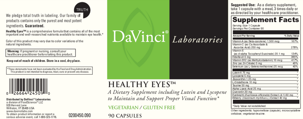 DaVinci Laboratories Healthy Eyes supplement label with green, white, and black design.