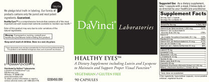 DaVinci Laboratories Healthy Eyes supplement label with green, white, and black design.