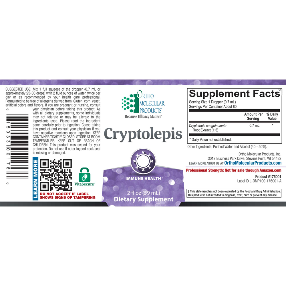 Supplement label for Cryptolepis with Ortho Molecular Products branding on a white background