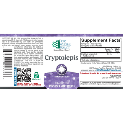 Supplement label for Cryptolepis with Ortho Molecular Products branding on a white background