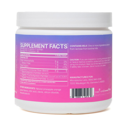 Supplement container with pink label showing 'Supplement Facts' on a white background