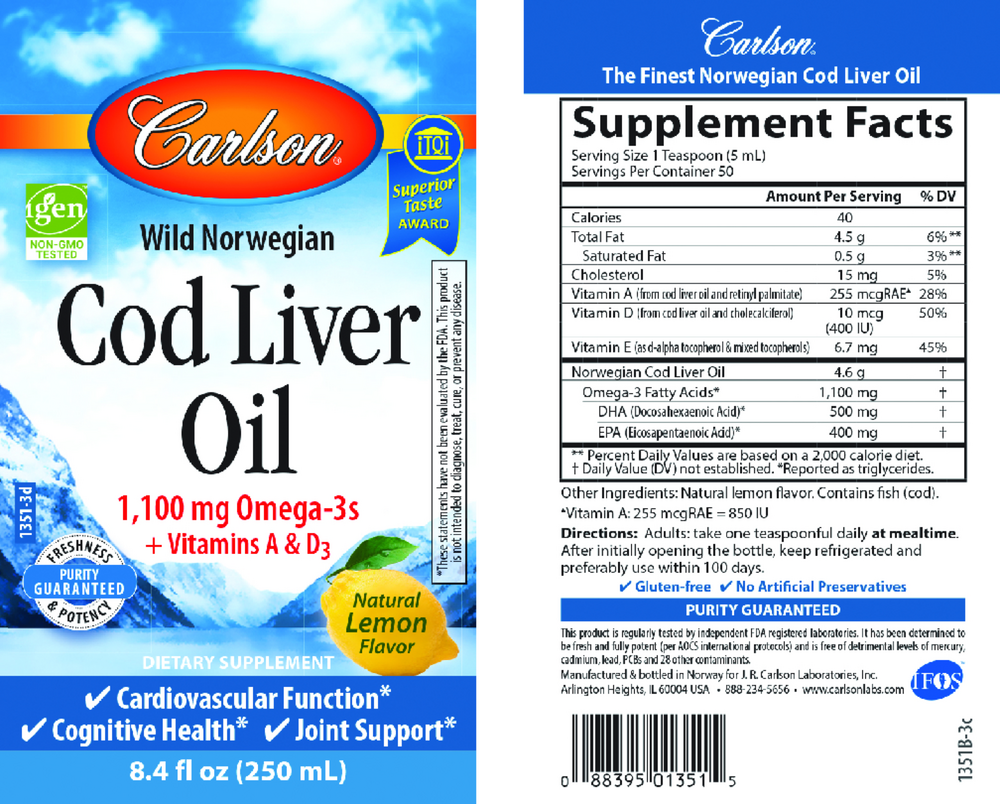 Label of Carlson Wild Norwegian Cod Liver Oil supplement with supplement facts.