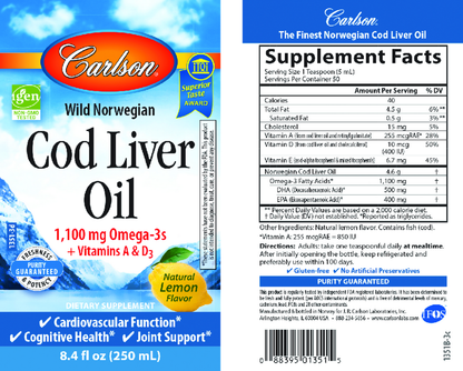 Label of Carlson Wild Norwegian Cod Liver Oil supplement with supplement facts.