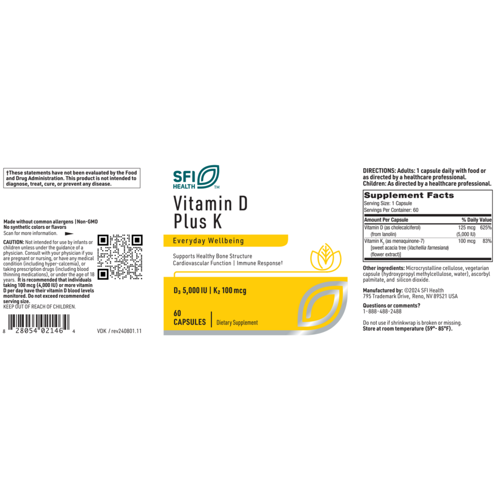 Supplement label for Vitamin D Plus K by SFI Health on a white background