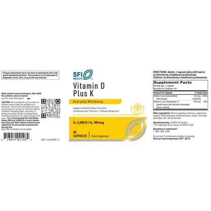 Supplement label for Vitamin D Plus K by SFI Health on a white background