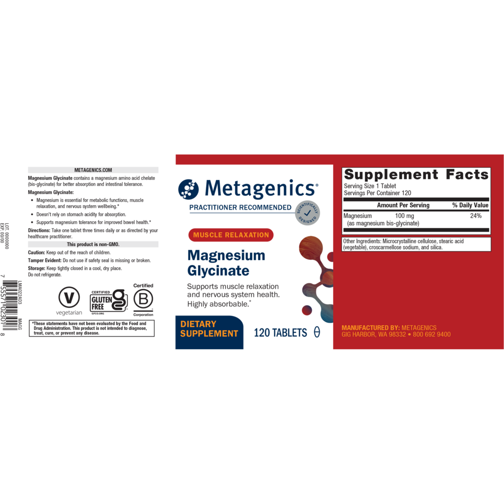 The full supplement label for Metgenics Magnesium Glycinate.