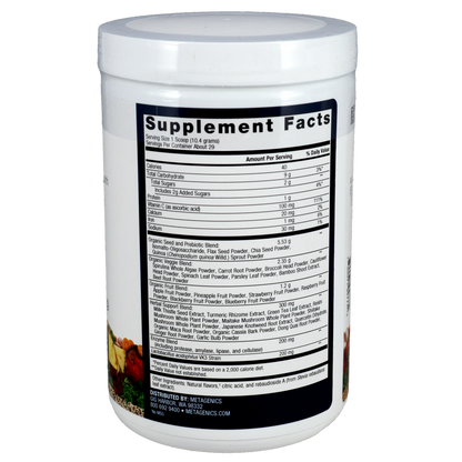 The back of a A canister of Metagenics Phytomulti Superfoods.  
