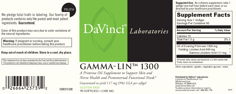 DaVinci Laboratories Gamma-Lin 1300 supplement label with text and branding.