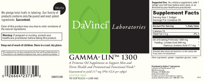 DaVinci Laboratories Gamma-Lin 1300 supplement label with text and branding.
