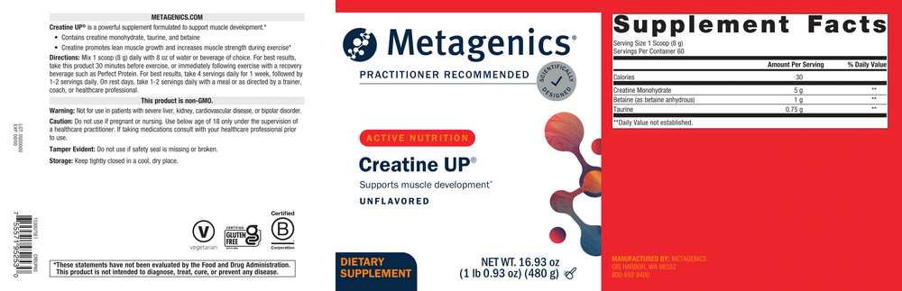Supplement facts label for a canister of Metagenics Creatine UP.