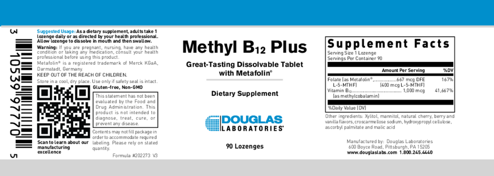 Label of Methyl B12 Plus supplement by Douglas Laboratories with text and bar code.