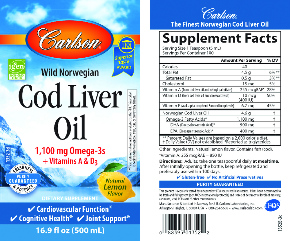 Label of Carlson Wild Norwegian Cod Liver Oil supplement with nutritional information and branding.