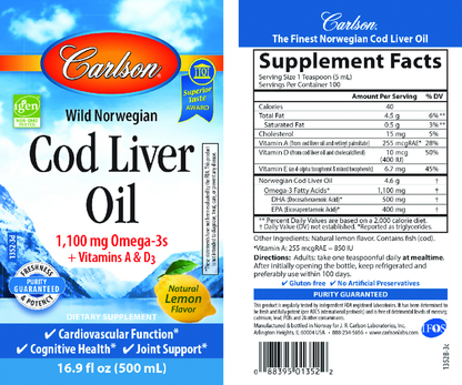 Label of Carlson Wild Norwegian Cod Liver Oil supplement with nutritional information and branding.