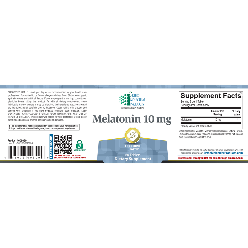 Melatonin supplement label with supplement facts and product details on a white background