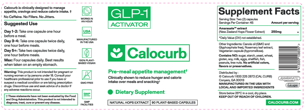 Calocurb supplement label with GLP-1 Activator branding on a white background