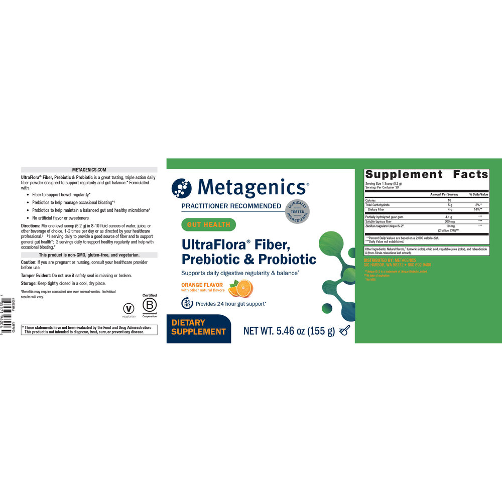 A oicture of the full bottle label for Metagenics Ultraflora, Fiber, prebiotic and Probiotic.