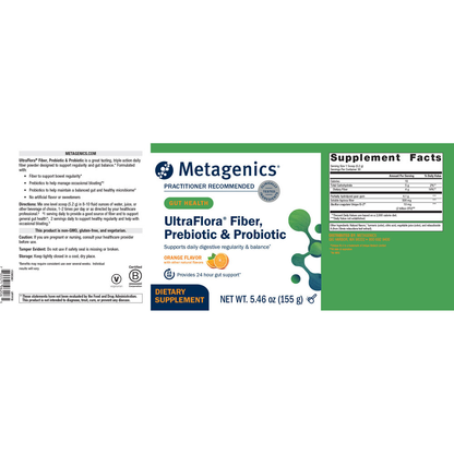 A oicture of the full bottle label for Metagenics Ultraflora, Fiber, prebiotic and Probiotic.
