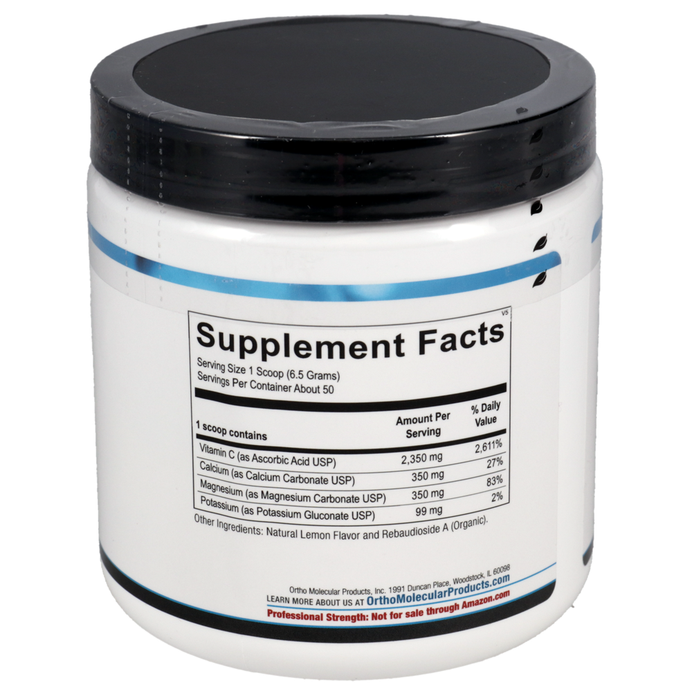 Supplement container with black lid and supplement facts label on a white background