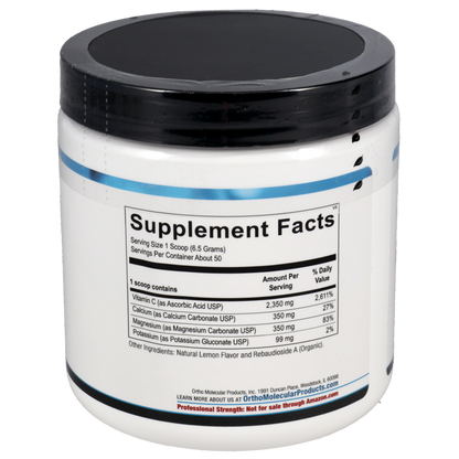 Supplement container with black lid and supplement facts label on a white background