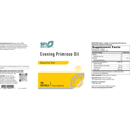 Supplement label for Evening Primrose Oil by SFI Health on a white background