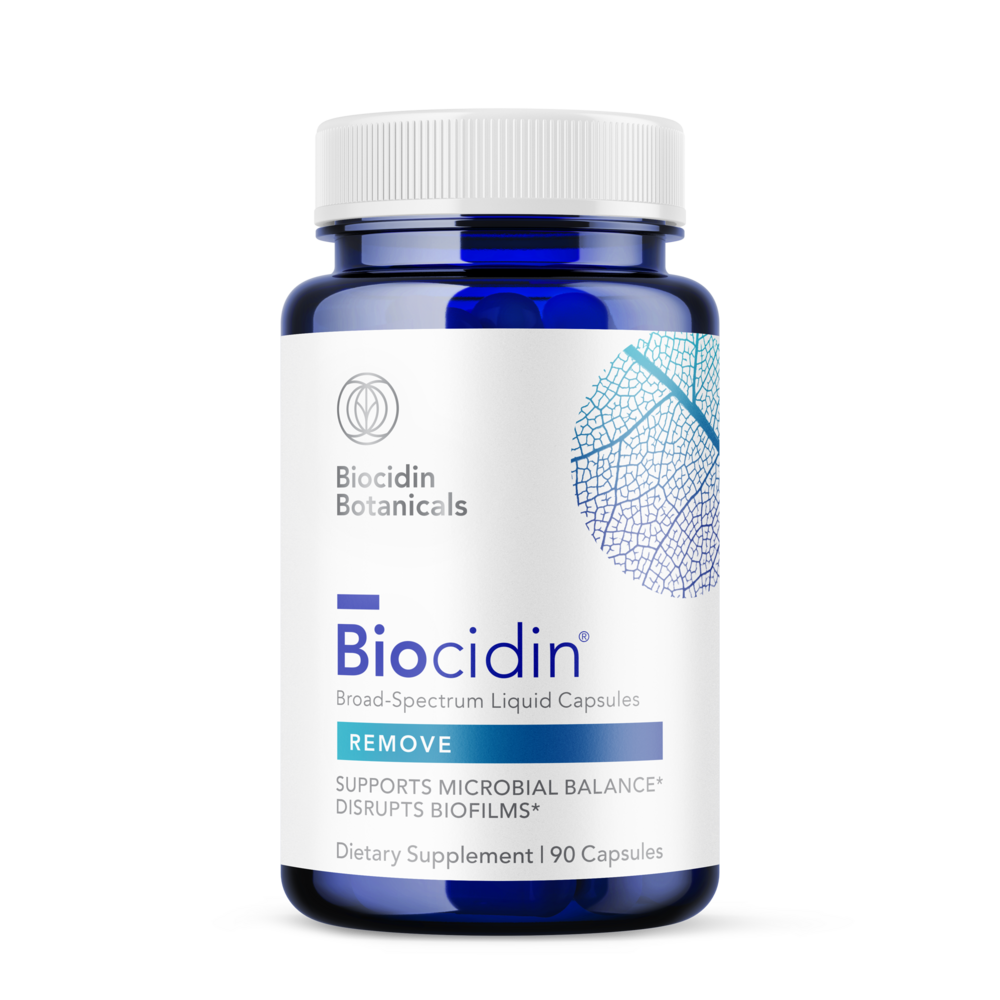 A bottle of Biocidin Botanicals Biocidin Capsules, with the label showing the product name and count, 90 Capsules.