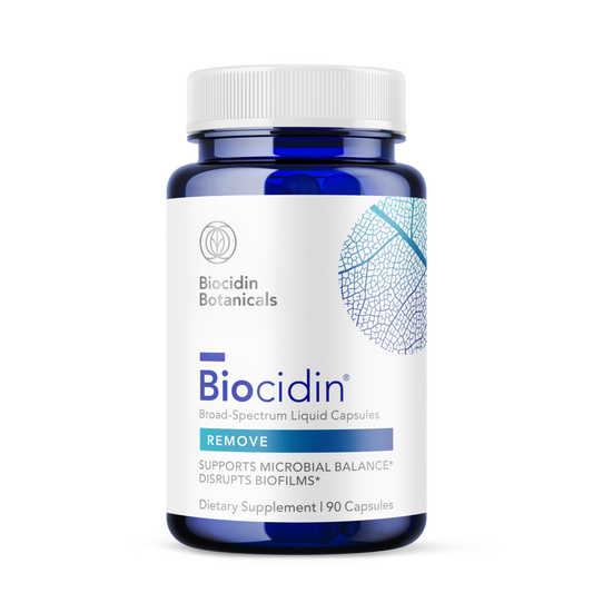 A bottle of Biocidin Botanicals Biocidin Capsules, with the label showing the product name and count, 90 Capsules.
