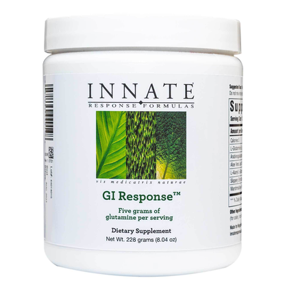 A container of Innate Response GI Response dietary supplement, with a label showing the product name and an image of a plant.