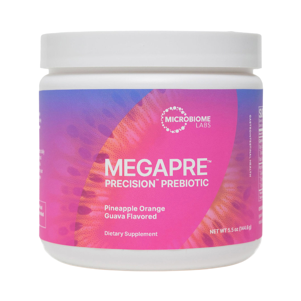 Container of Megapre prebiotic supplement with colorful label on a white background