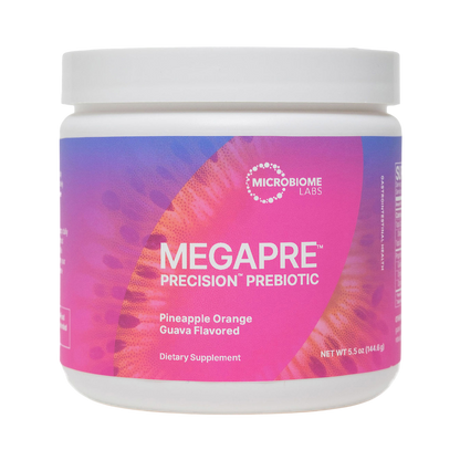 Container of Megapre prebiotic supplement with colorful label on a white background