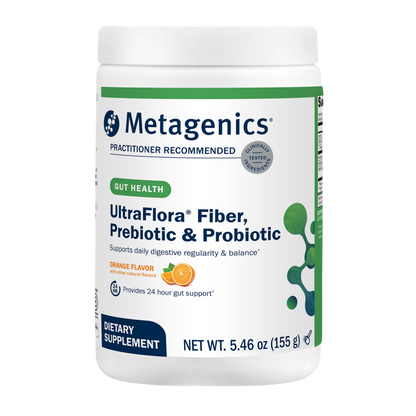 A picture of Metagenics Ultraflora, Fiber, Prebiotic, and Probiotic.  5.46 oz and it is orange flavored.