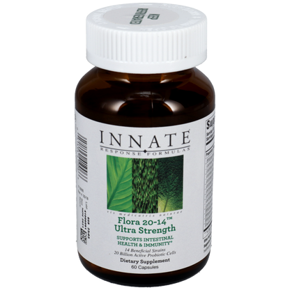 A bottle of Innate Response Flora 20-14 Ultra Strength, a dietary supplement with probiotic strains.