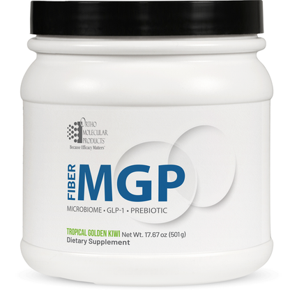 White container of Fiber MGP supplement with black lid on a white background