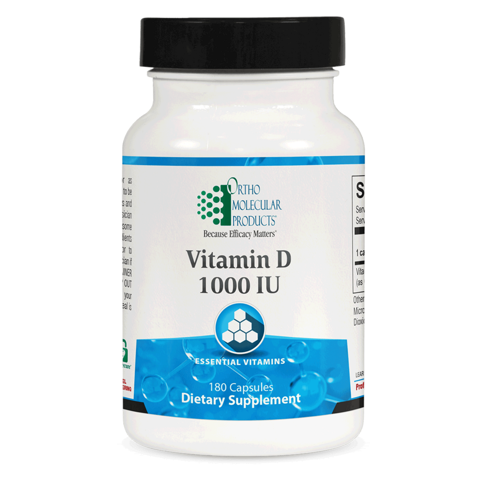 Ortho Molecular Products Vitamin D 1000 IU supplement bottle on a white background