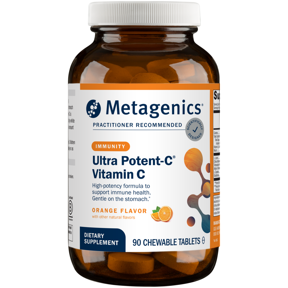 An orange and white bottle of Metagenics Ultra Potent-C® Vitamin C Chewable
