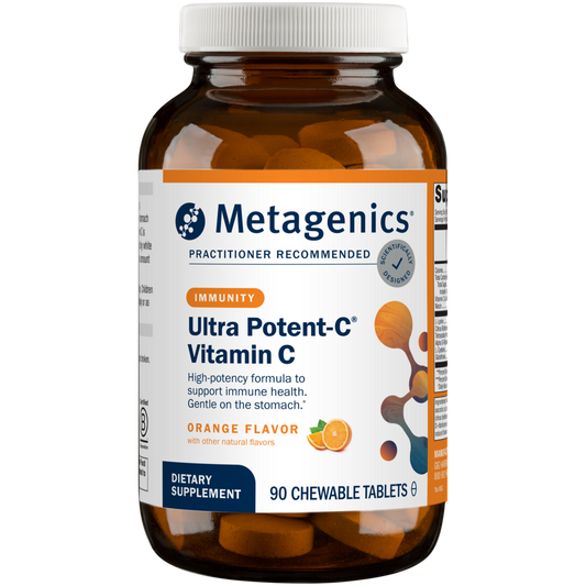 An orange and white bottle of Metagenics Ultra Potent-C® Vitamin C Chewable
