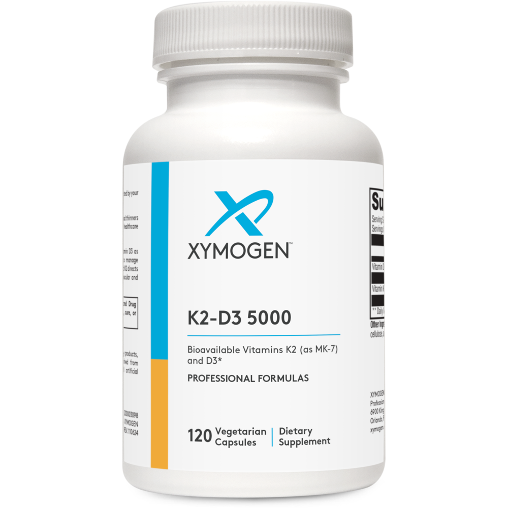 Supplement bottle labeled 'Xymogen K2-D3 5000' on a white background