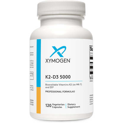 Supplement bottle labeled 'Xymogen K2-D3 5000' on a white background