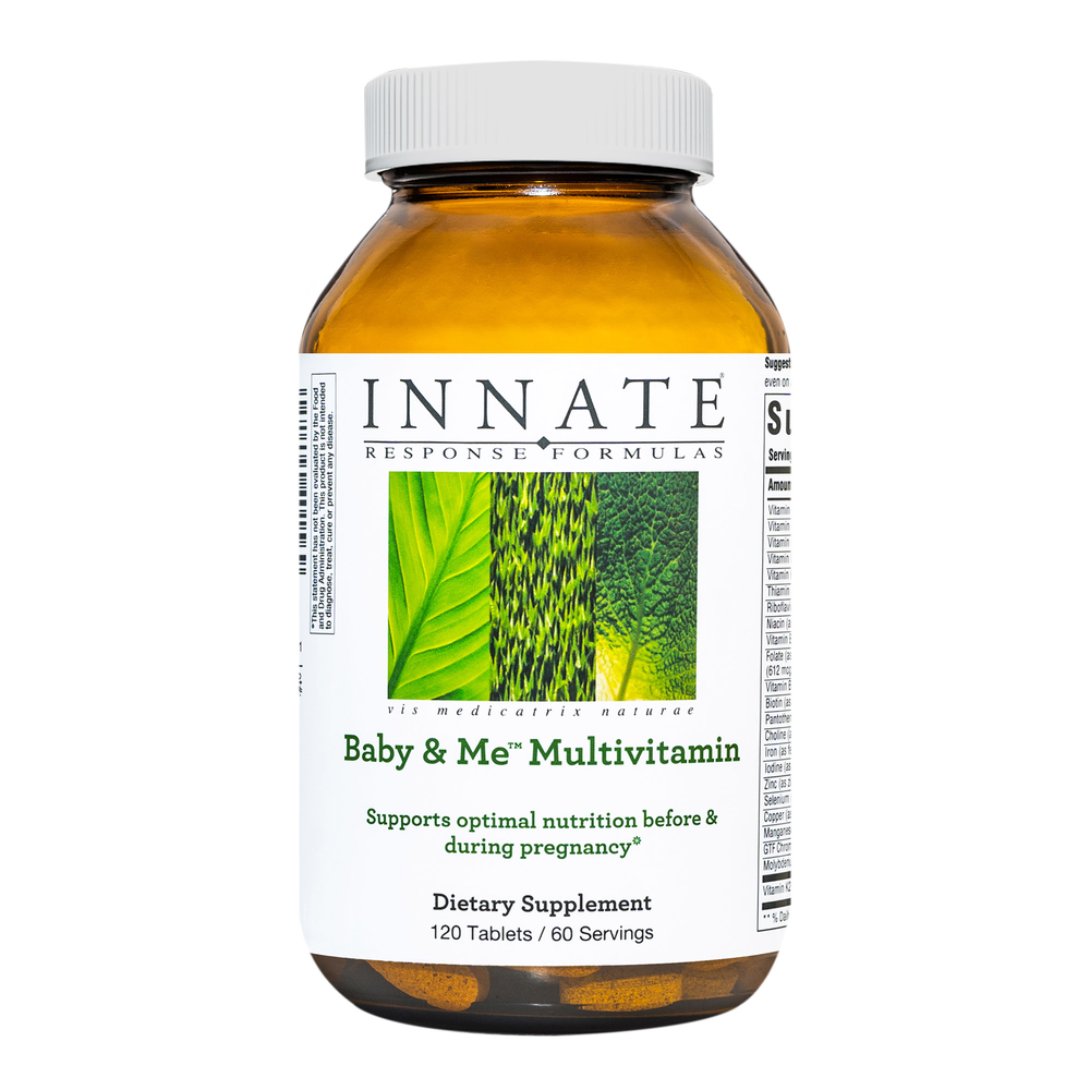 A bottle of Innate Response Baby & Me Multivitamin with a green and white label, indicating it supports optimal nutrition before and during pregnancy with 120 tablets inside.