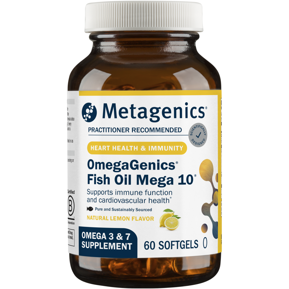 A yellow and white bottle of Metagenics OmegaGenics® Fish Oil Mega 10