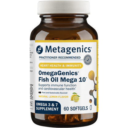 A yellow and white bottle of Metagenics OmegaGenics® Fish Oil Mega 10
