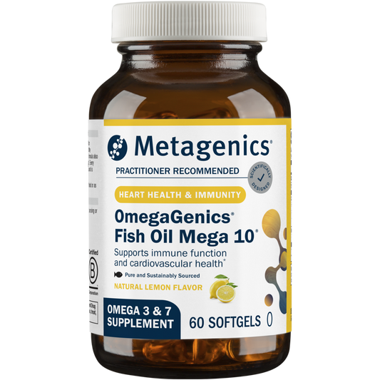 A yellow and white bottle of Metagenics OmegaGenics® Fish Oil Mega 10