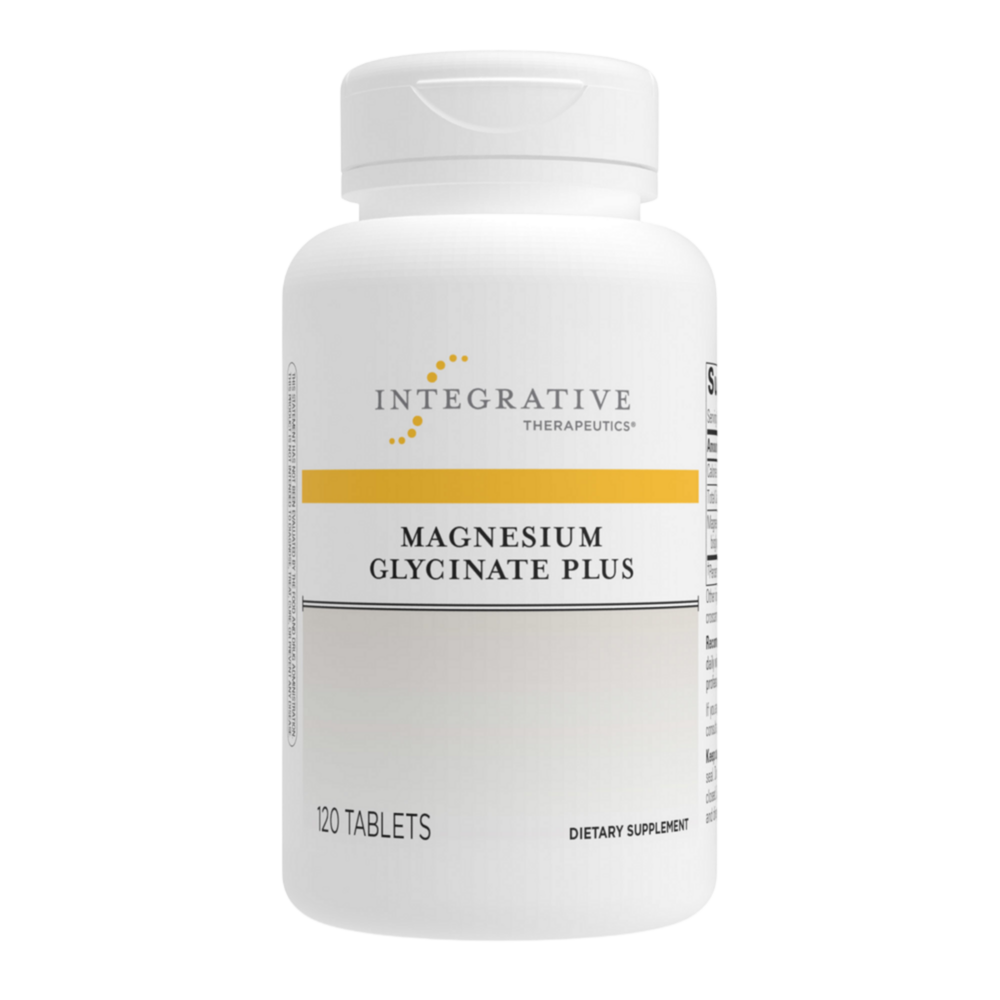 Supplement bottle labeled 'Magnesium Glycinate Plus' by Integrative Therapeutics on a white background