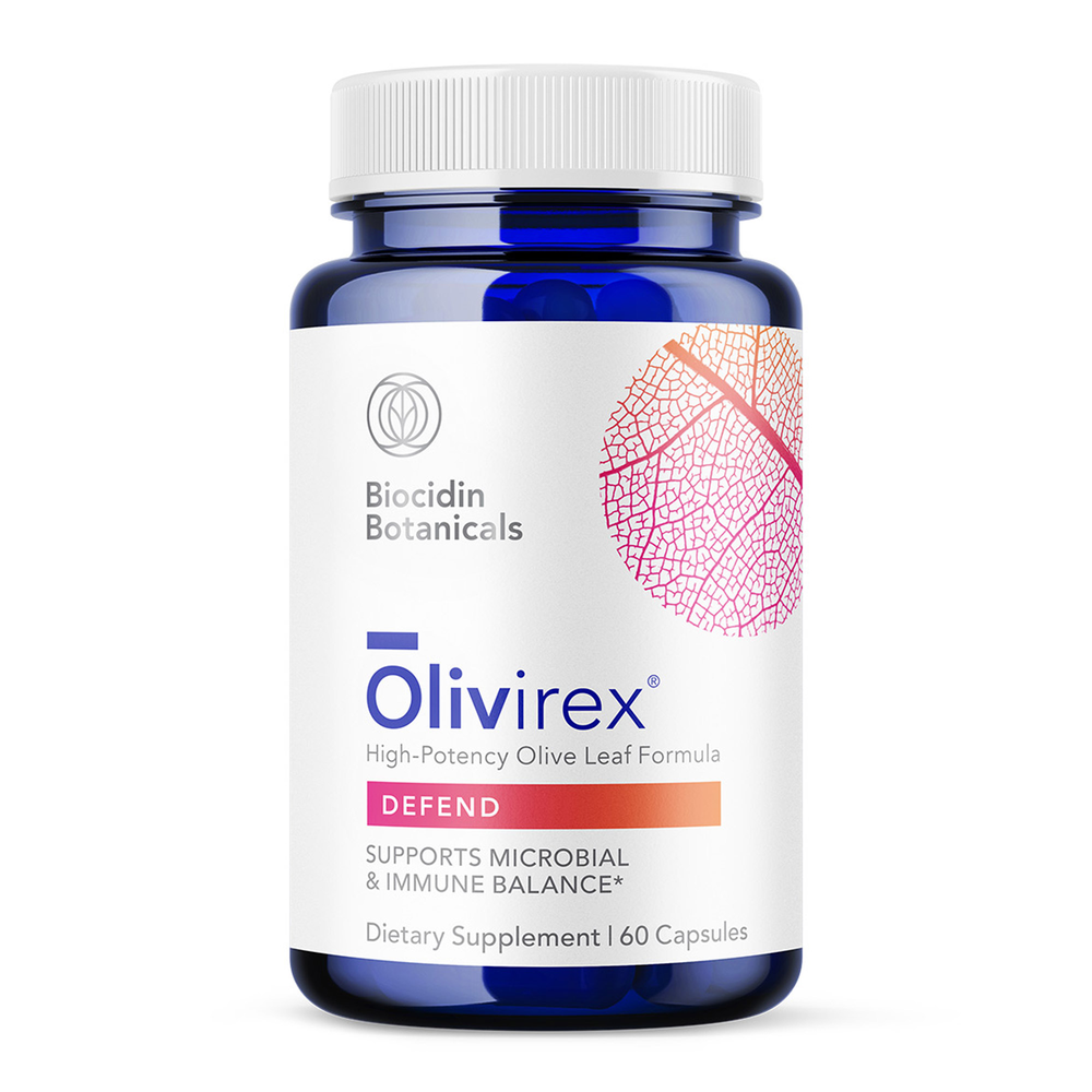 A bottle of Biocidin Botanicals' Olivirex, a high-potency olive leaf formula dietary supplement, with 60 capsules inside. The label is white with red and blue accents, and an illustration of a leaf and a molecular structure.