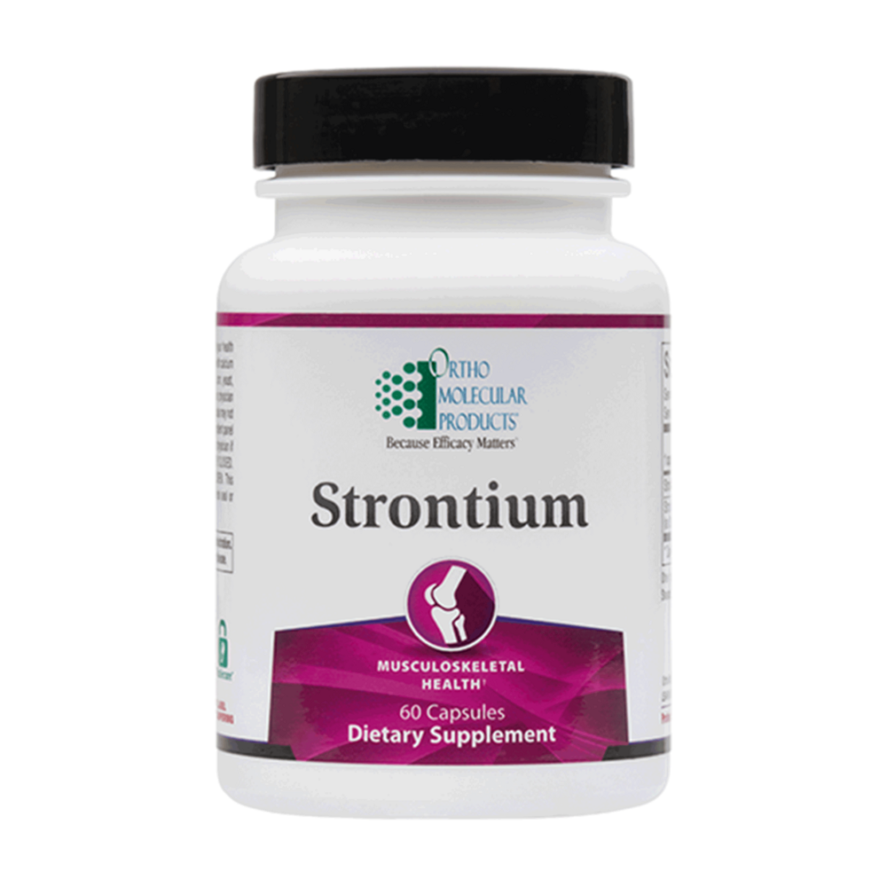 Supplement bottle labeled 'Strontium' by Ortho Molecular Products on a white background