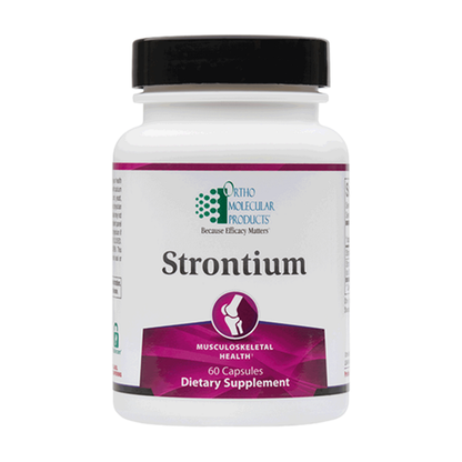 Supplement bottle labeled 'Strontium' by Ortho Molecular Products on a white background