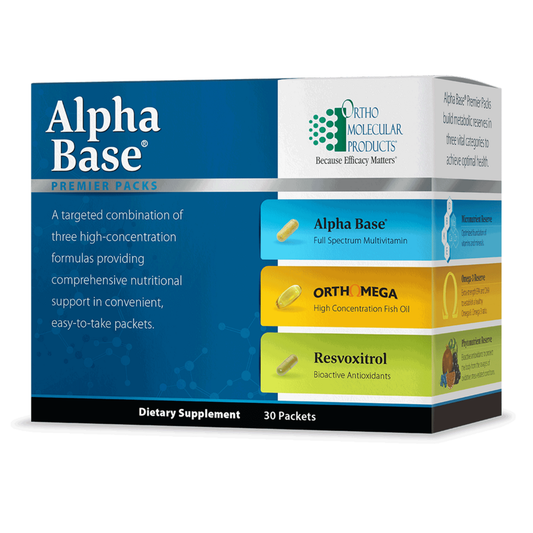 Alpha Base dietary supplement packaging with Ortho Molecular Products branding on a white background